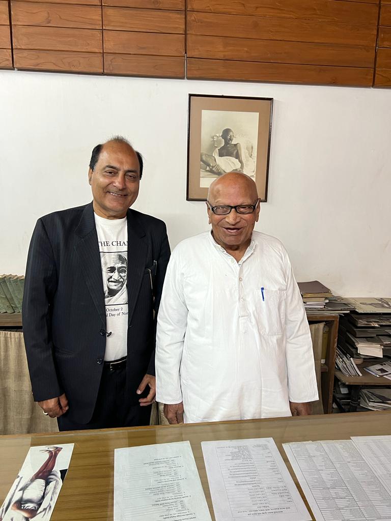 Dr. Raj Kumar with Mr. Amrit Modi, Secretary of Mahatma Gandhi Smarak and Memorial Trust in Ahmedabad, India.