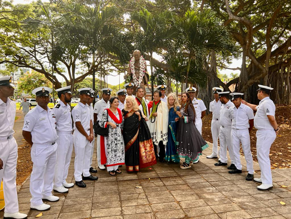 Indian Ambasador to US and Navy Officials paid tribute to Mahatma Gandhi's Statue in Hawaii on July 9, 2022.