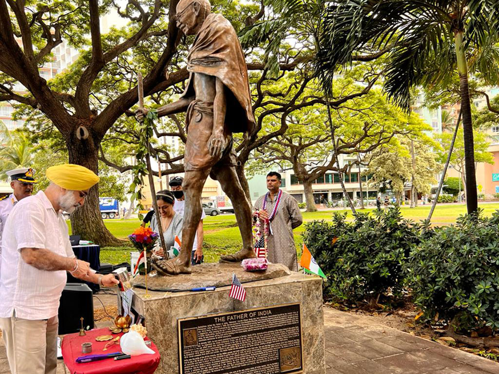 Indian Ambasador to US and Navy Officials paid tribute to Mahatma Gandhi's Statue in Hawaii on July 9, 2022.